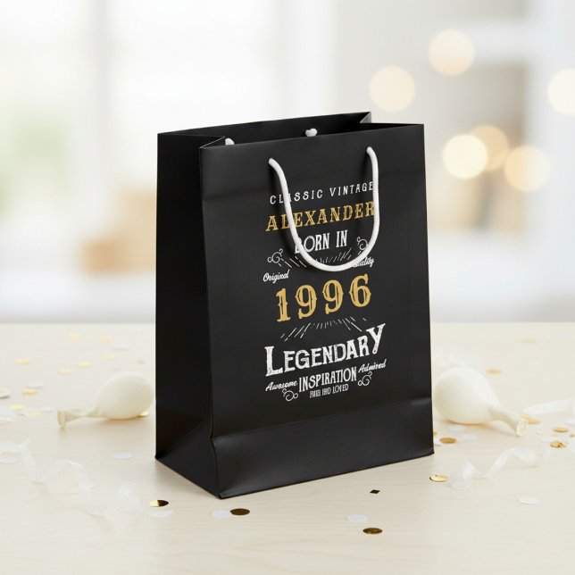 30th Birthday 1996 Add Name Legend Black Gold Medium Gift Bag (Born 1996 birthday gift bag. Background out of focus.)