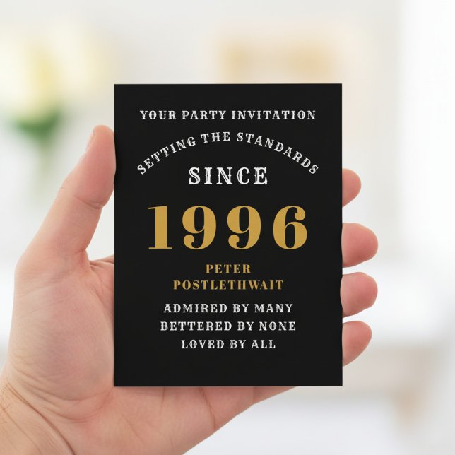 30th Birthday 1996 Black Gold Invitation Postcard (1996 birthday invitation postcard. Blurred background.)