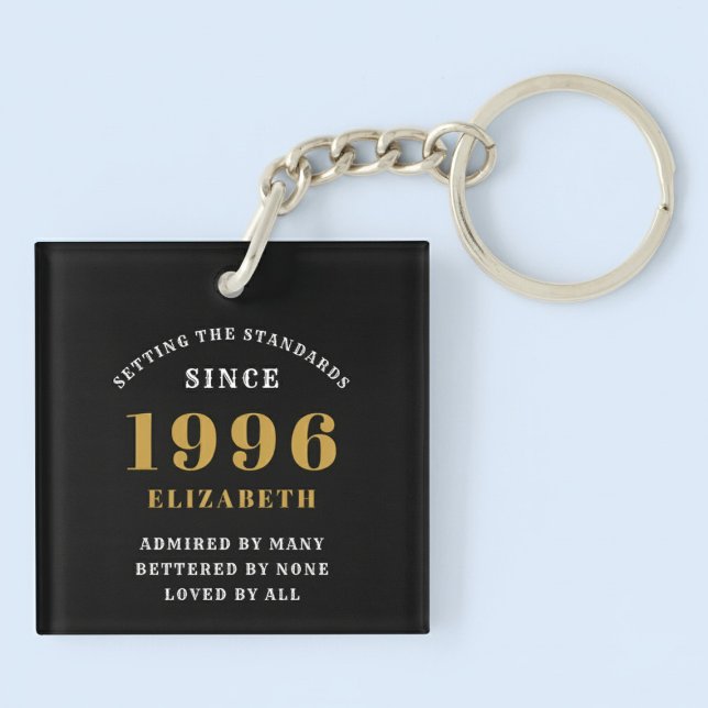 30th Birthday 1996 Black Gold Personalized Keychain (Born 1996 birthday keychain. Pastel background.)