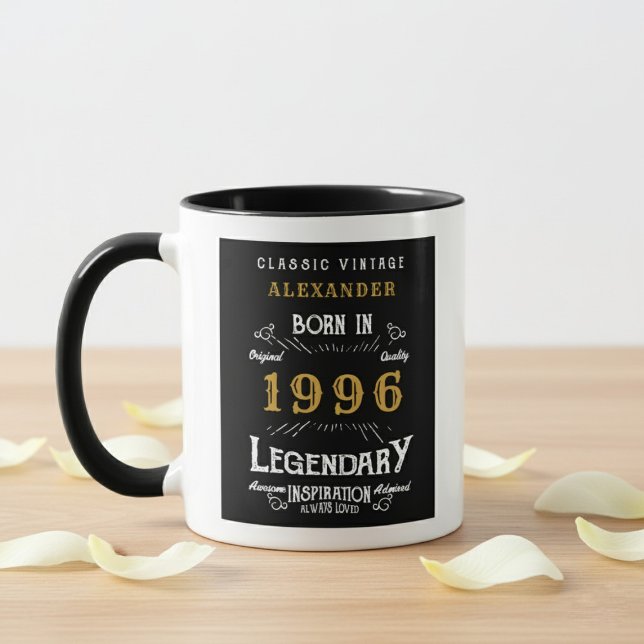 30th Birthday 1996 Legend Retro Black Personalized Mug (Born 1996 birthday mug. Wood and grey background.)