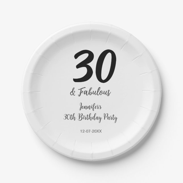 30th birthday add name date year black  paper plate (Front)