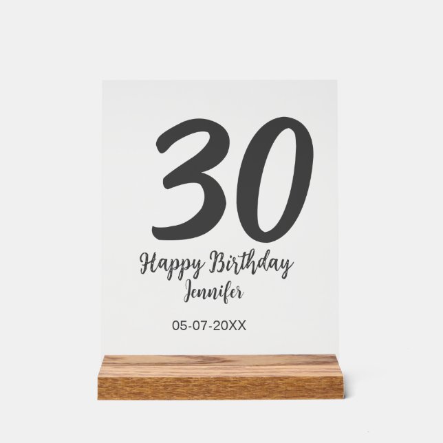 30th birthday add name date year black template  acrylic sign (Front)