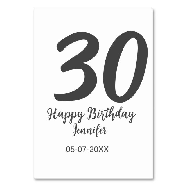 30th birthday add name date year black template  table number (Front)