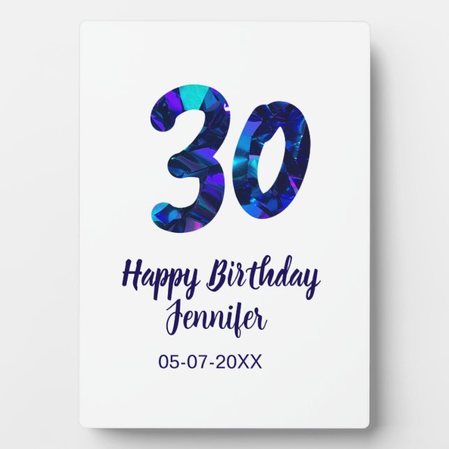 30th birthday add name date year blue sparkle  plaque (Front)