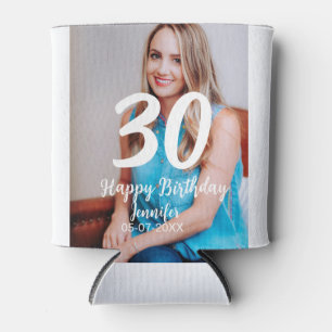 30th birthday add name date year white photo can cooler