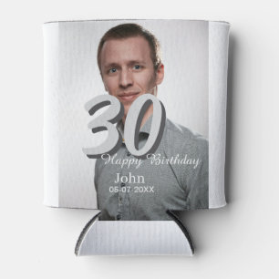 30th birthday add name date year white photo can cooler