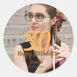 30th birthday add name date year white photo classic round sticker