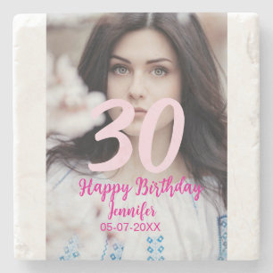 30th birthday add name date year white photo stone coaster
