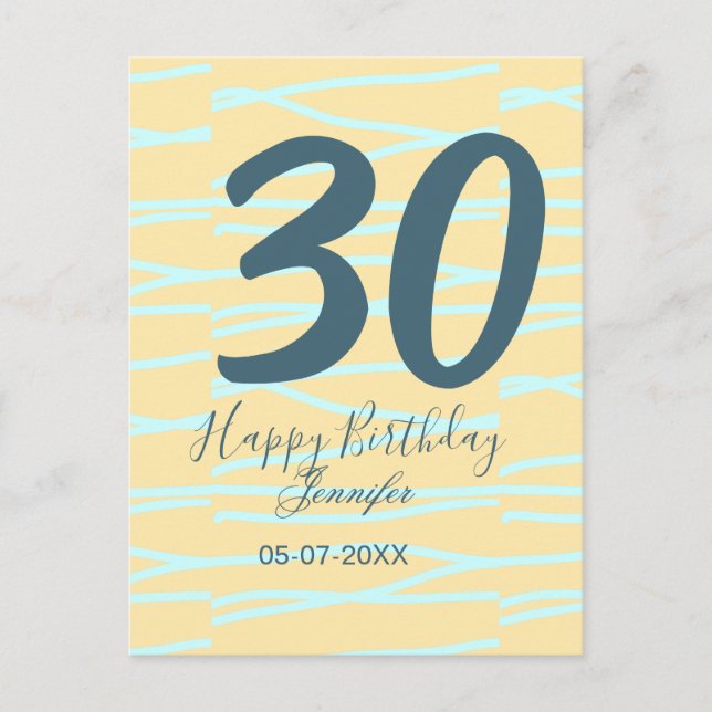 30th birthday add name date year yellow blue paste postcard (Front)