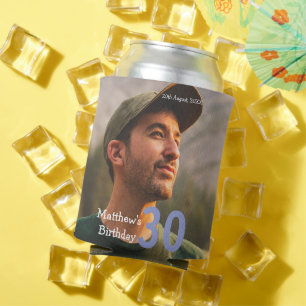 30th birthday add name photo date man blue white can cooler