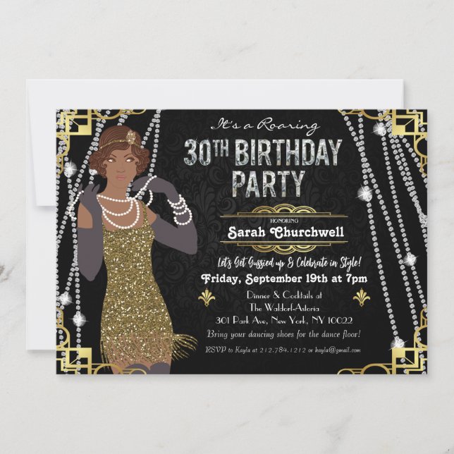 30th Birthday African American Flapper Girl   Invitation (Front)