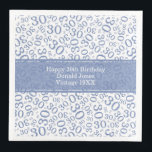 30th Birthday Age Number Pattern Blue/White Napkin<br><div class="desc">Milestone number 30. This modern design for milestone number 30 features a striking blue and white random number pattern with the blue milestone number 30 displayed in various sizes and angles, adding a playful touch. At the centre, a blue banner provides space for important event details, allowing customization of your...</div>