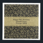 30th Birthday Age Number Pattern Gold/Black Napkin<br><div class="desc">Milestone number 30. This modern design for milestone number 30 features a striking gold and black random number pattern with the gold milestone number 30 displayed in various sizes and angles, adding a playful touch. At the centre, a gold banner provides space for important event details, allowing customization of your...</div>