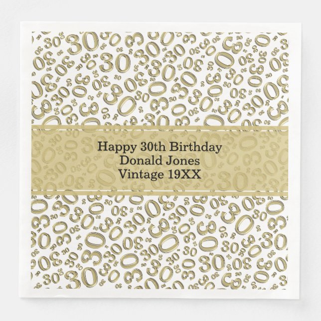 30th Birthday Age Number Pattern Gold/White Napkin (Front)