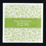 30th Birthday Age Number Pattern Green/White Napkin<br><div class="desc">Milestone number 30. This modern design for milestone number 30 features a striking green and white random number pattern with the green milestone number 30 displayed in various sizes and angles, adding a playful touch. At the centre, a green banner provides space for important event details, allowing customization of your...</div>
