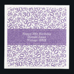 30th Birthday Age Number Pattern Purple/White Napkin<br><div class="desc">Milestone number 30. This modern design for milestone number 30 features a striking purple and white random number pattern with the coral milestone . number 30 displayed in various sizes and angles, adding a playful touch. At the centre, a coral banner provides space for important event details, allowing customization of...</div>