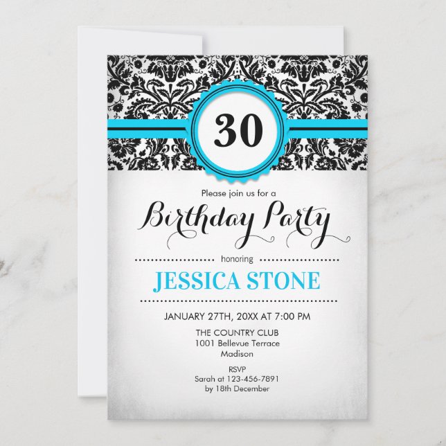 30th Birthday - Aqua Blue Black White Damask Invitation (Front)