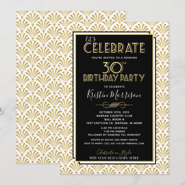 30th Birthday Art Deco Gatsby Roaring 20s Birthday Invitation (Front/Back)