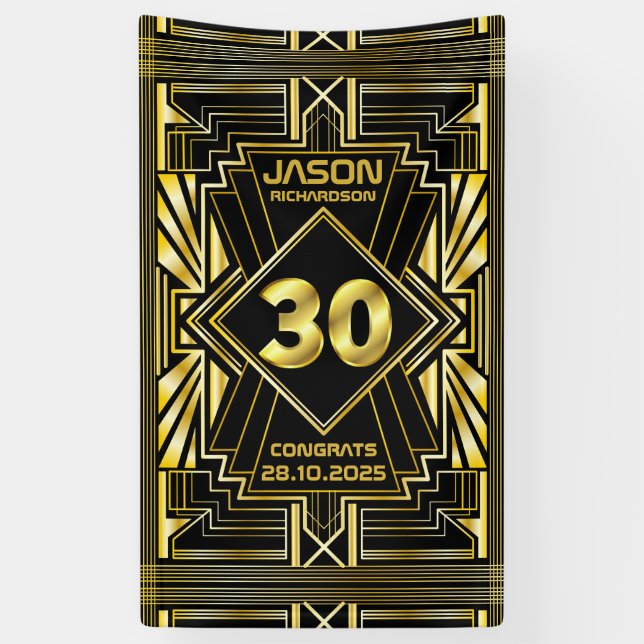 30th Birthday Art Deco Gold Black Great Gatsby Banner (Vertical)