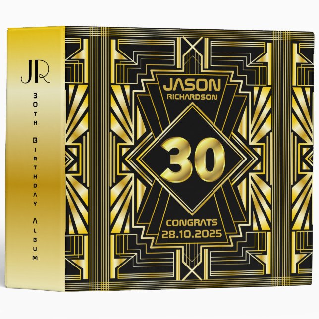 30th Birthday Art Deco Gold Black Great Gatsby Binder (Front/Spine)