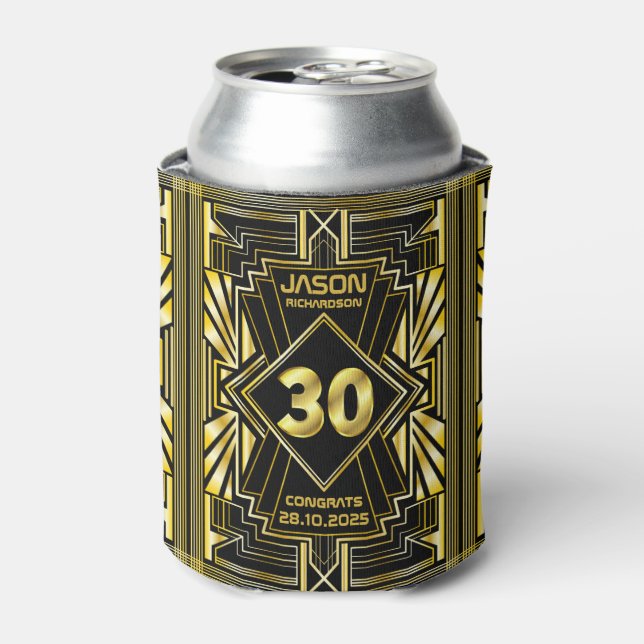 30th Birthday Art Deco Gold Black Great Gatsby Can Cooler (Can Front)