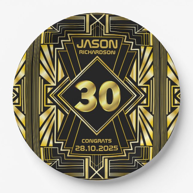 30th Birthday Art Deco Gold Black Great Gatsby Paper Plate (Front)