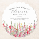 30th Birthday August Birth Flower Custom Paper Coaster<br><div class="desc">Perfect table decor for an August birthday party. Pink gladiolus is the birth flower for that month. It forms a pretty watercolor bottom border on this floral personalized coaster. The birthday guest of honour's name, age and birthdate are placed above it using elegant calligraphy and typography. All text is editable....</div>