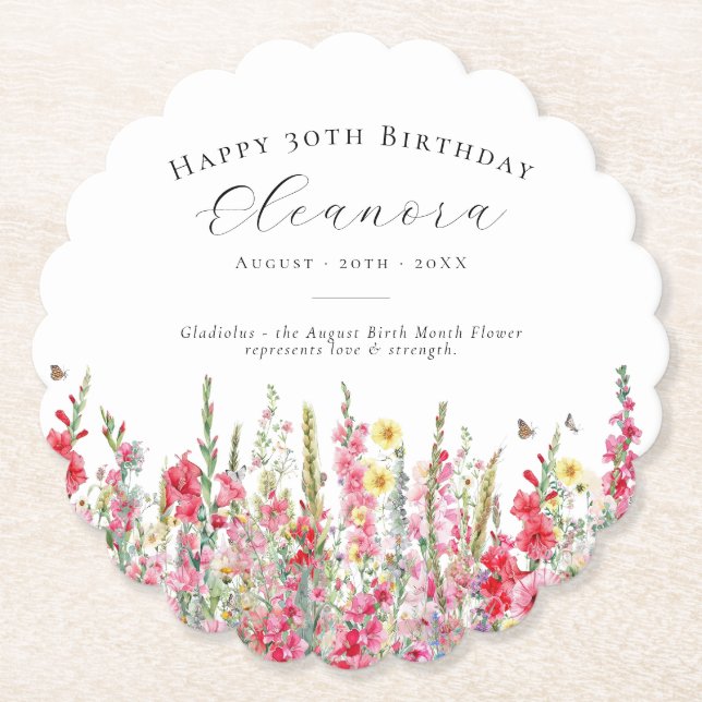 30th Birthday August Birth Flower Custom Paper Coaster (Front)