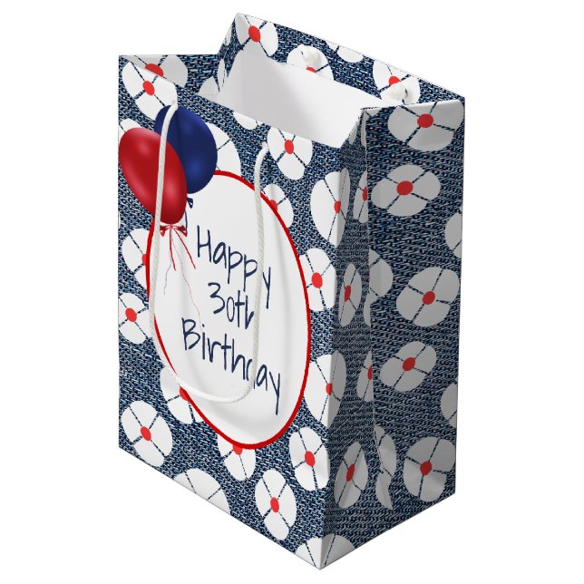 30th Birthday Balloons on Floral Denim  Medium Gift Bag (Front Angled)