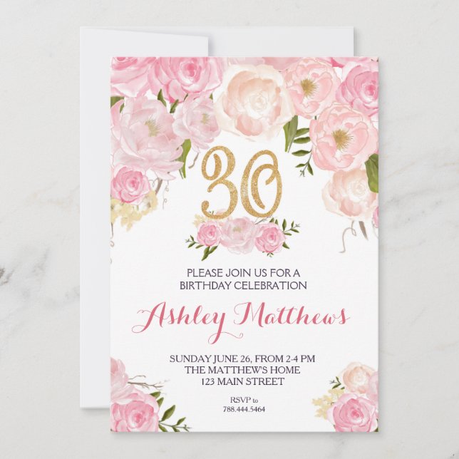 30th birthday Beautiful Floral Invitation, Invitation (Front)