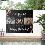 30th Birthday Black 2 Photo Backdrop Tapestry<br><div class="desc">Elegant 30th Birthday Black 2 Photo Backdrop. Elegant black background with pink watercolor stripes and white text. Custom name,  date,  age and Happy birthday text. Use the tapestries as a backdrop for the 30th birthday party. Add your photos - old photo and new photo. Personalize name,  date and age.</div>