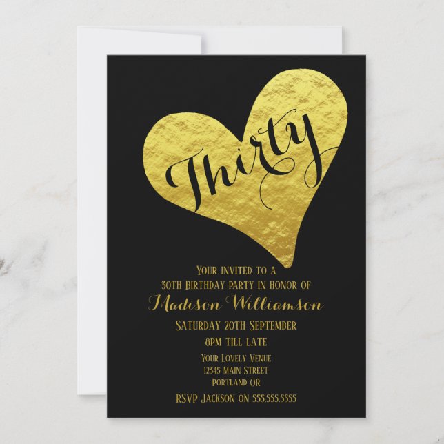 30th Birthday Black and Faux Gold Heart Invitation (Front)
