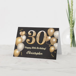 30th Birthday Black and Gold Balloons Birthday Card
