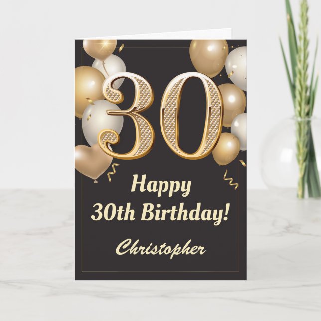 30th Birthday Black and Gold Balloons Confetti Card (Front)