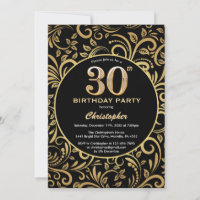 30th Birthday Black and Gold Floral Pattern