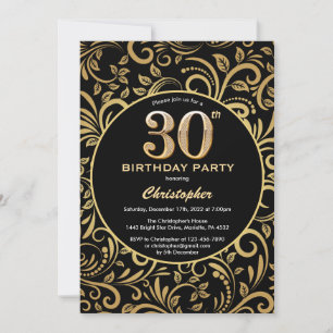 30th Birthday Black and Gold Floral Pattern Invitation