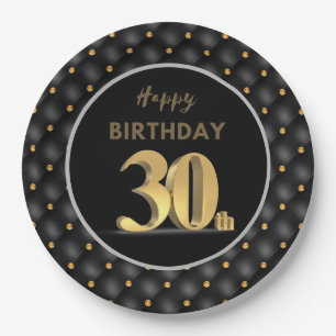 30th Birthday Black and Gold Paper Plate