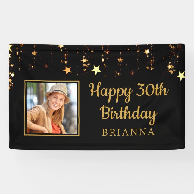 30th Birthday Black and Gold Stars Personalized Banner (Horizontal)