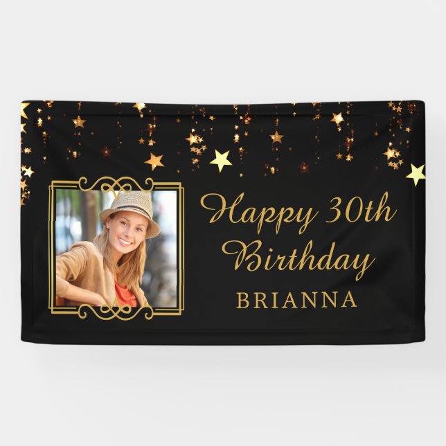 30th Birthday Black and Gold Stars Personalized Banner (Horizontal)