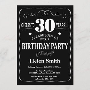 30th Birthday Black and White Chalkboard Invitation