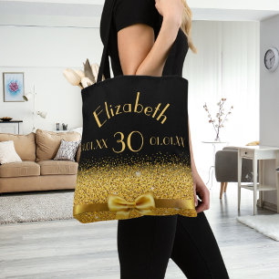 30th birthday black gold bow name tote bag