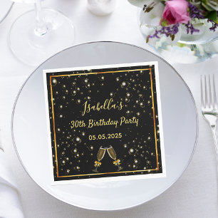 30th birthday black gold champagne bubbles napkin