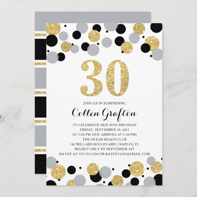30th Birthday Black Gold Grey Glitter Confetti Invitation (Front/Back)