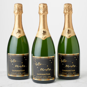30th birthday black gold hello 30 name script sparkling wine label