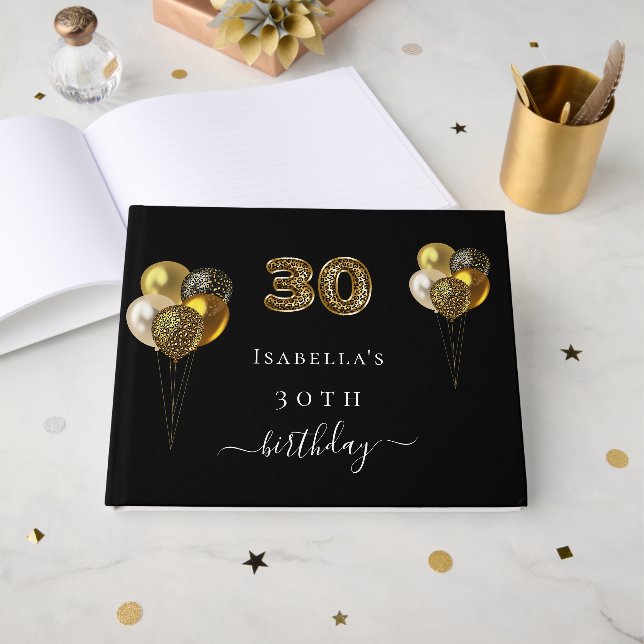 30th birthday black gold leopard print birthday guest book (Front Open)