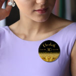 30th birthday black gold monogram elegant 2 inch round button<br><div class="desc">Elegant,  classic,  glamorous and feminine.  A gold colored bow and ribbon.  Black background. Templates for her name,  age,  date of birth and anniversary date.</div>
