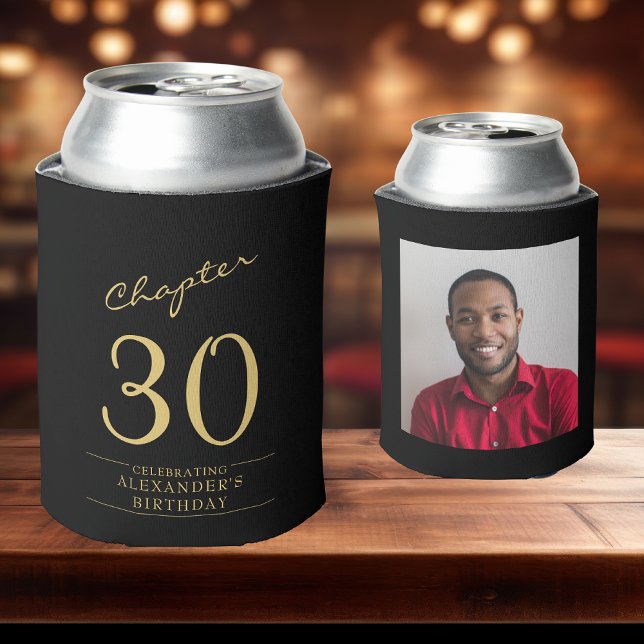 30th Birthday Black Gold Photo Template Can Cooler (Custom 30th birthday can coolers on a bar)
