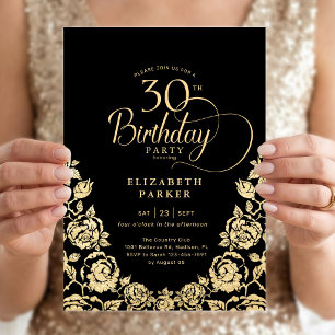 30th Birthday Black Gold Roses Invitation