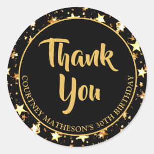 30th Birthday Black Gold Stars THANK YOU Classic R Round Sticker