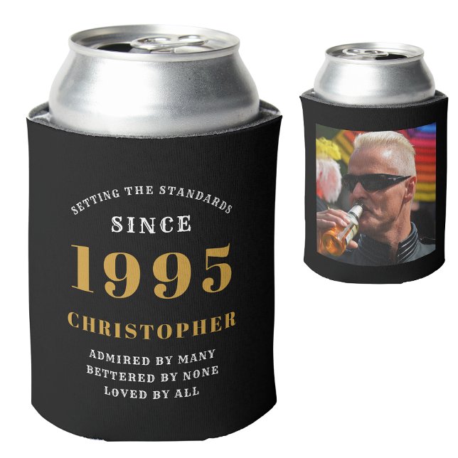 30th Birthday Black Gold With Name & Photo Can Cooler (30th birthday born 1995 personalized can cooler with name and photograph)